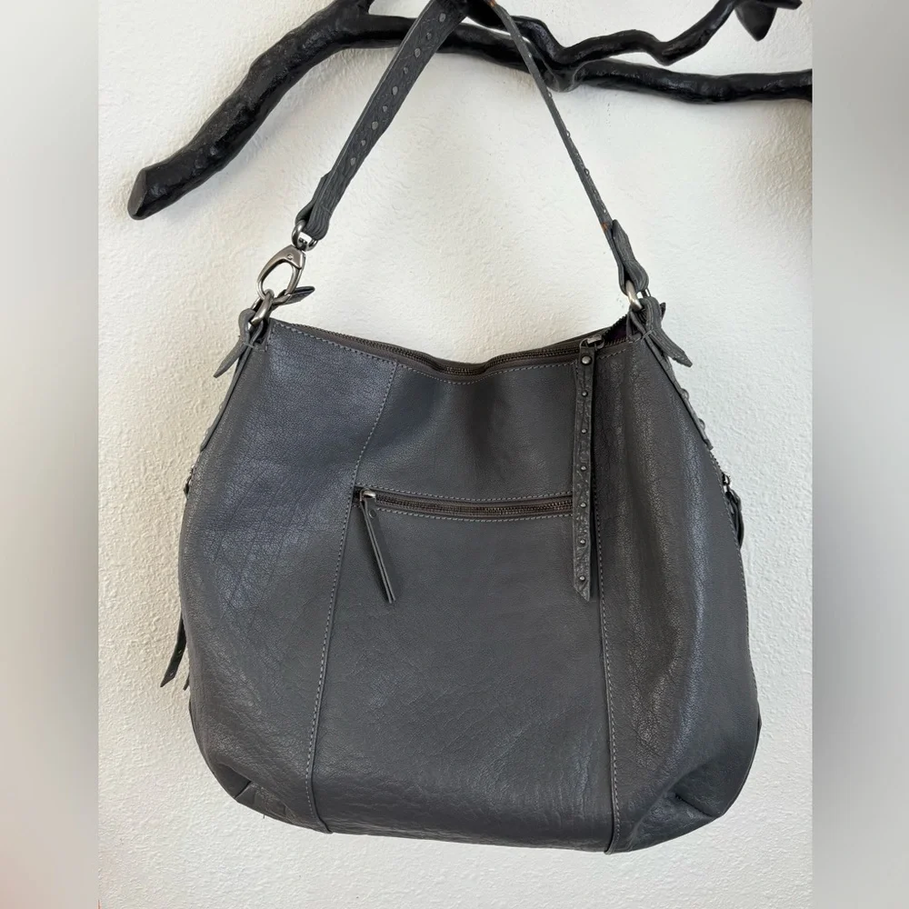 Bella by Sharif Gray Leather Hobo Bag with Cowhide Detail - Picture 3 of 14